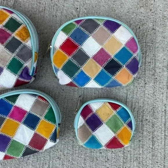 Set of 4 Nesting Pouch Coin Purse Cosmetic Bags Genuine Suede Patchwork Colorful - Picture 3 of 4